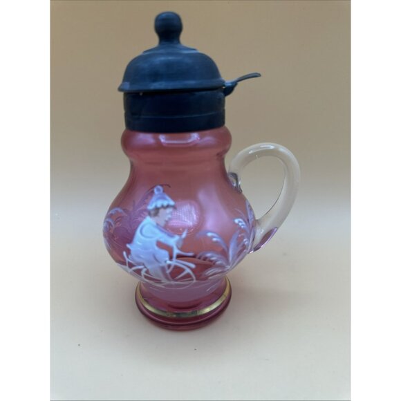 Mary Gregory  Cranberry Glass Syrup Pitcher Dispenser Hand Painted Vintage - Picture 1 of 7